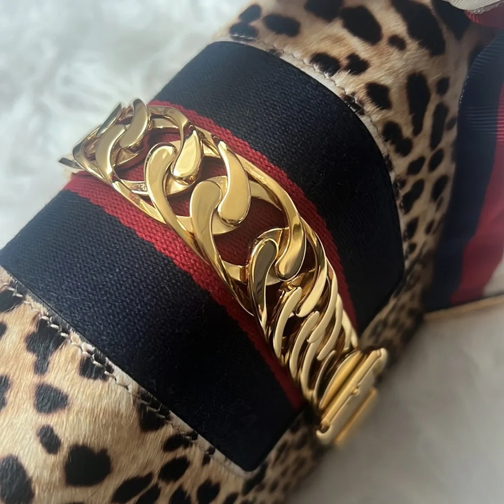 💯% Auth GUCCI Leather Bag - Sylvie Calf Hair Harako Leopard Print Shoulder Bag